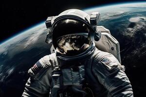 Orbit of the planet Earth, an astronaut in a spacesuit flying in space on the background of the earth, . photo