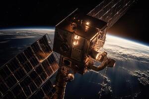 Earth's orbital satellites fly around it, communication satellites in space, . photo