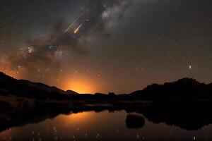 Meteor shower in the sky, observation of the meteor shower in space from the ground, . photo