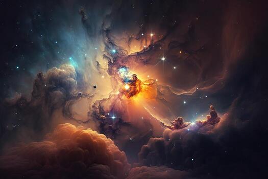 Nebula in space, stars and planets in cosmic nebula, bright light from celestial bodies in deep space, . photo