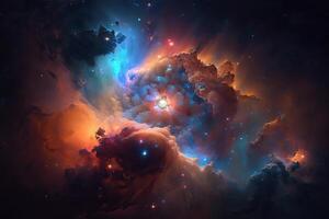 nebulosa en espacio, estrellas y planetas en cósmico nebulosa, brillante ligero desde celestial cuerpos en profundo espacio, generativo ai. foto