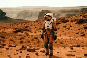 An astronaut in a space suit walks around the red planet of the solar system Mars, generative A. photo