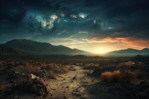 Starry sky in a field with mountains, evening beautiful view of space, . photo