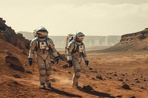 Two astronauts walk on the surface of Mars, the planet Mars and the expedition to Mars, . photo