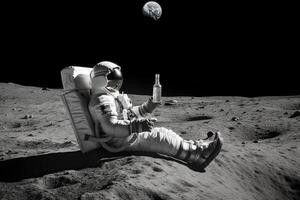 An astronaut sits on the surface of the moon and drinks beer, . photo