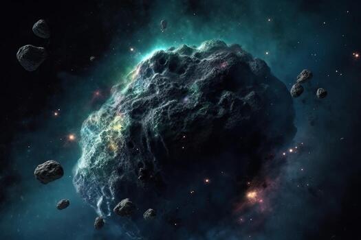 Stones of meteorites, asteroids in the cosmic nebula, . photo