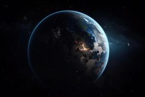 View of blue planet earth in space, earth's atmosphere and black space around, . photo