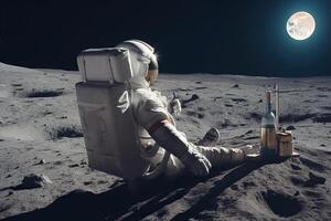 un astronauta se sienta en el superficie de el Luna y bebidas cerveza, generativo ai. foto