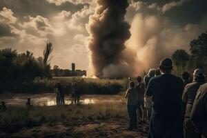 A group of people watch a rocket launch into space on the horizon, . photo