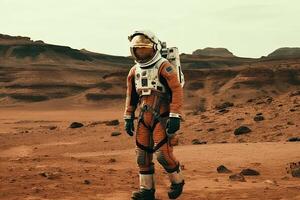 An astronaut in a space suit walks around the red planet of the solar system Mars, generative A. photo