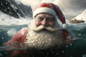 Santa Claus swims under water, Santa swims in cold water, . photo