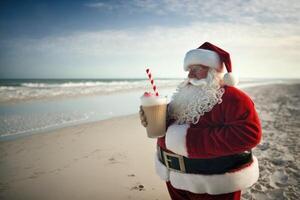 Santa Claus in his suit is resting on the beach in summer, photo