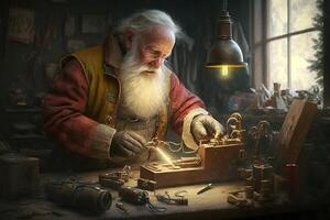 Santa Claus makes Christmas toys by hand in his workshop, . photo