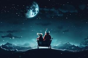 Two children look at the starry moonlit night sky in anticipation of a Christmas miracle, . photo