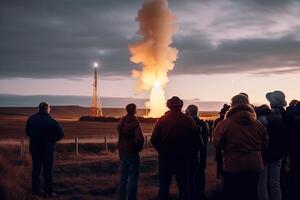 A group of people watch a rocket launch into space on the horizon, . photo