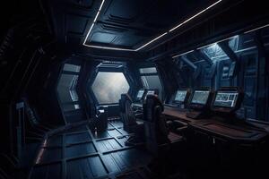 Dark spaceship interior with a view of the control panels, . photo