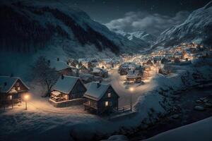 Evening village in the mountains during Christmas celebrations, . photo