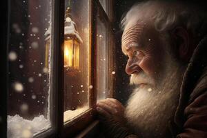 Santa looks out the window at the snow, evening snowfall, . photo