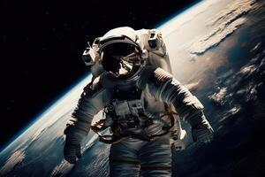 An astronaut in a spacesuit flies in outer space near the orbit of the planet Earth, . photo