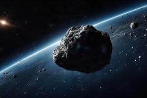The flight of a comet over the planet, a comet in space, a meteor and energy, the glow of an asteroid, the movement of a powerful star. photo