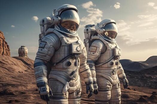 dos astronautas caminar en el superficie de Marte, el planeta Marte y el expedición a Marte, generativo ai. foto