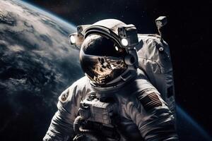 An astronaut in a spacesuit flies in outer space near the orbit of the planet Earth, . photo