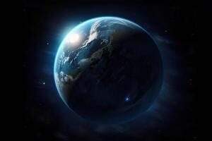 View of blue planet earth in space, earth's atmosphere and black space around, . photo