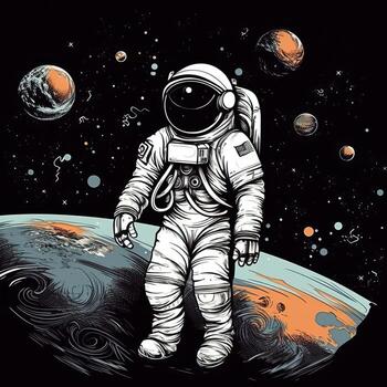 An astronaut in a spacesuit flies in space between the planets. photo