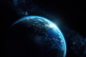 View of blue planet earth in space, earth's atmosphere and black space around, . photo