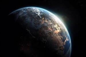 View of blue planet earth in space, earth's atmosphere and black space around, . photo