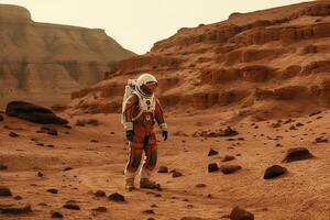 An astronaut in a space suit walks around the red planet of the solar system Mars, generative A. photo