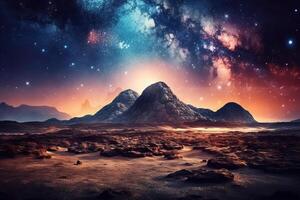 Starry sky in a field with mountains, evening beautiful view of space, . photo