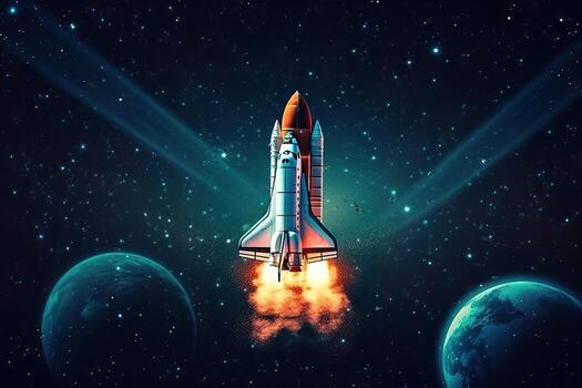 The flight of a spacecraft into space beyond the Earth's orbit, . photo