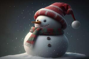 A happy snowman is holding a Christmas present, . photo