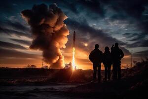 A group of people watch a rocket launch into space on the horizon, . photo