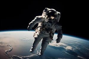 An astronaut in a spacesuit flies in outer space near the orbit of the planet Earth, . photo