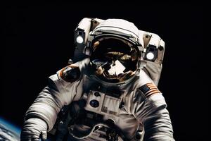 An astronaut in a spacesuit flies in outer space near the orbit of the planet Earth, . photo