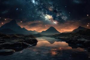 estrellado cielo en un campo con montañas, noche hermosa ver de espacio, generativo ai. foto