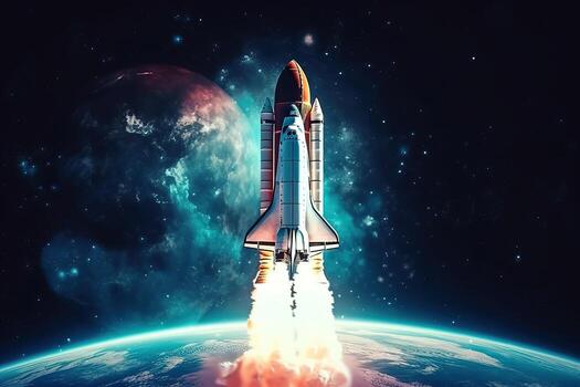 The flight of a spacecraft into space beyond the Earth's orbit, . photo