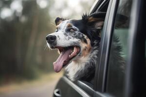 Happy dog looks out from car window. Road trip with dog. photo