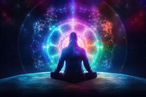Body silhouette in lotus pose against cosmic background. photo