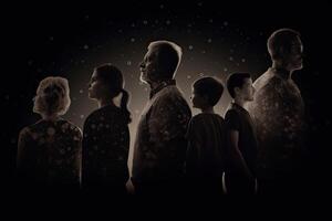 Different generations of family stand together against dark abstract background. photo