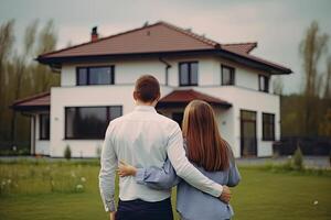 Happy family stands in front of their new home. photo