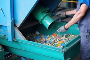transportador cinturón con pila de residuos a reciclaje planta. generativo ai foto