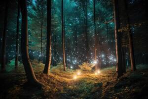 fantasía mágico bosque con brillante luces. generativo ai foto