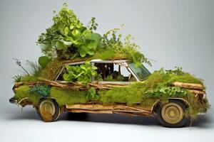 Car made of natural green plants. Eco friendly transportation. photo