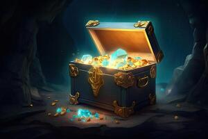 Chest with pirate treasure in cave. photo