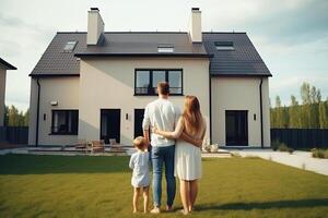 Happy family stands in front of their new home. photo