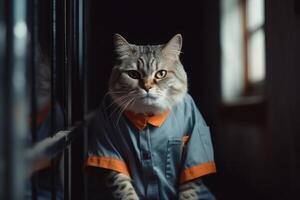 Cat in prisoner costume in prison cage. photo