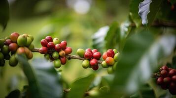 café árbol con rojo café frijoles en café plantación. generativo ai foto